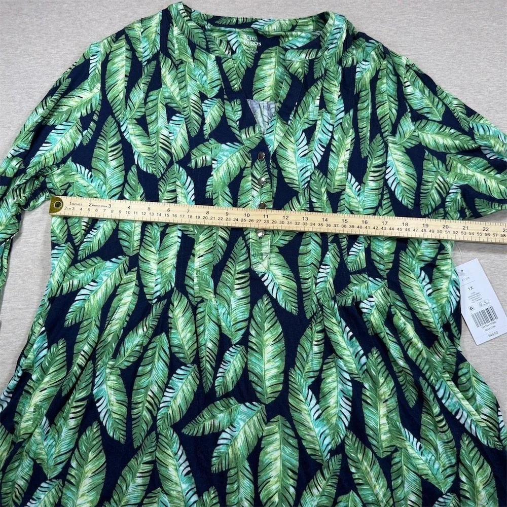 NWT Kim Rogers Tunic Blouse Womens Plus 1X Green Tropical Leaf 3/4 Sleeve - Picture 7 of 10